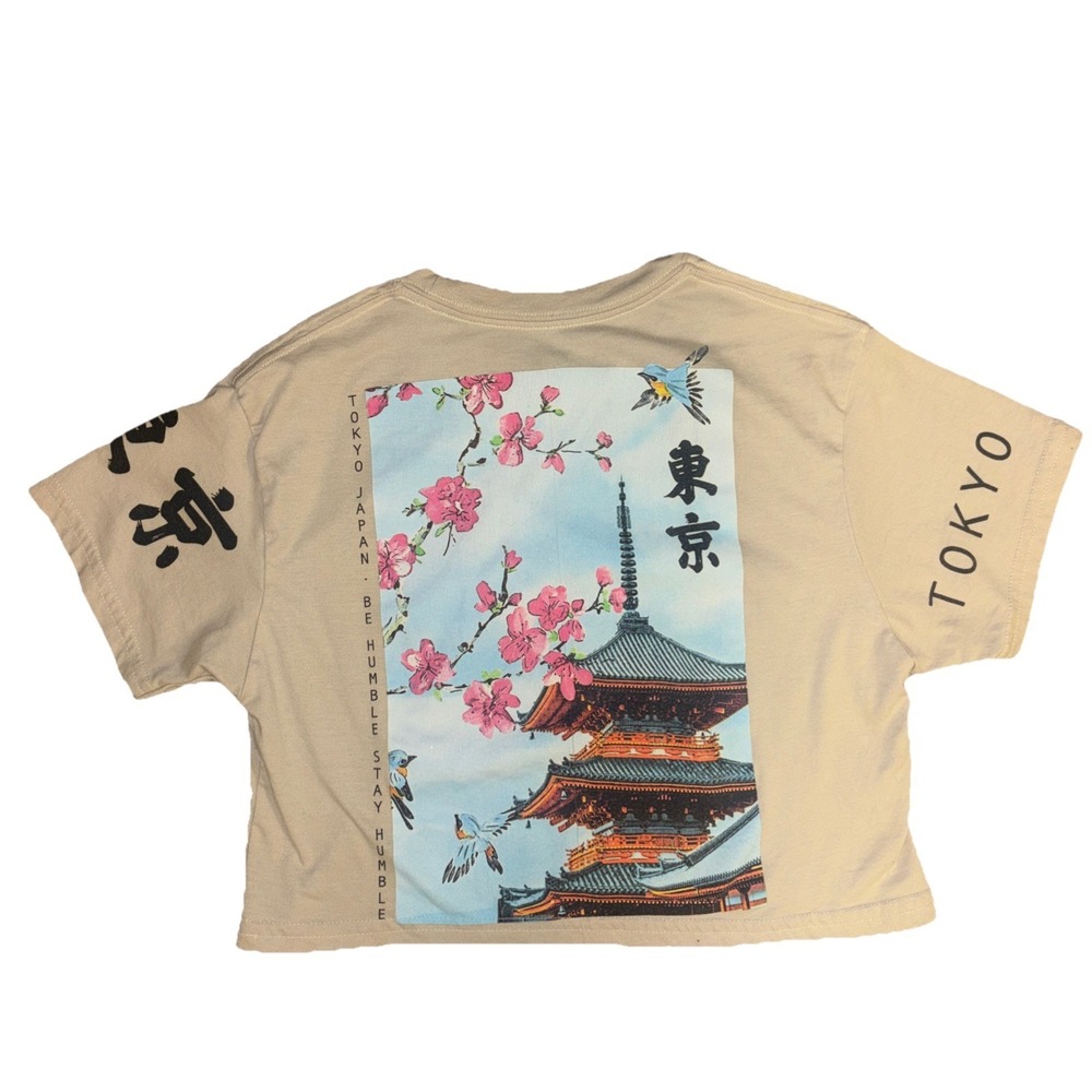 Weekend Warrior Women TOKIO JAPAN Tan Graphic Cropped Tshirt Size S Cotton Blend